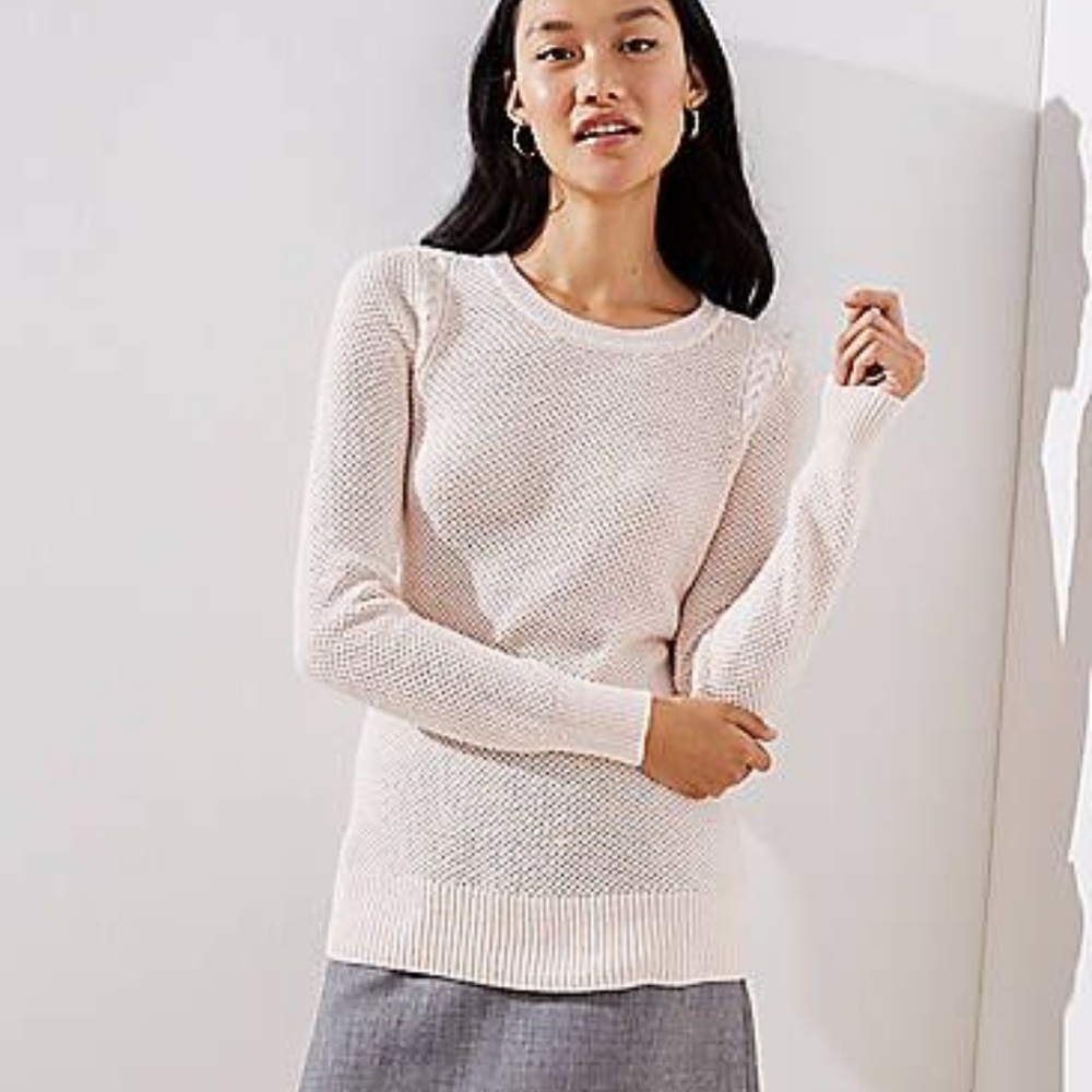 LOFT Pink Cable Knit Trim Sweater - Picture 2 of 6